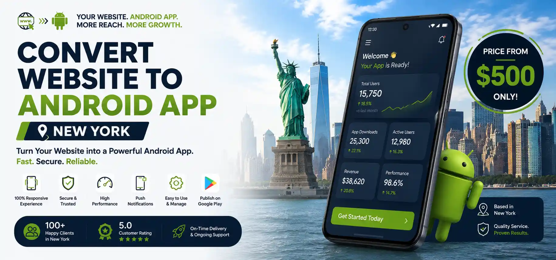 Convert your website to an Android app in New York starting from $500 with fast, secure, and custom mobile app development services.